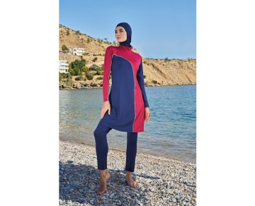 Rukomayo Lacivert-nar Çiçeği Parçalı Modelbalıkçı Yaka Micro(esnek-su Itici)kumaş Tesettür Mayo