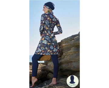 Rukomayo Desenli Çift(eşarp Ve Tesettür)boneli Balıkçı Yaka Lycra(esnek-su Itici)tam Tesettür Mayo
