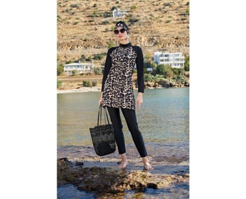 Ruko Mayo Leopar Desenli Reglan Kol Yarım Balıkçı Yaka Lycra(esnek-su Itici)tam Tesettür Mayo