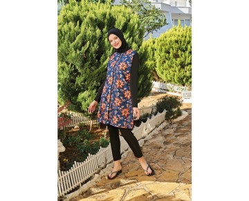 Rukomayo Lacivert Desenli 0 Yaka Parşüt Kumaş Tam Tesettür Mayo