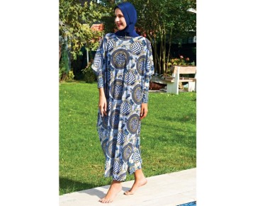 RUKOMAYO LACİVERT ZİNCİR DESENLİ  ESNEK TÜL KUMAŞ PAREO