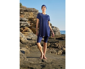 23128-2 Kadın Biyeli Yarım Kol Mikro Kumaş Yarı Tesettür Mayo