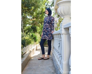 Rukomayo Lacivert Desenli Balıkçı Yaka Tam Tesettür Mayo