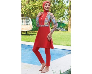 RUKOMAYO TABA DESENLİ KEMERLİ  LYCRA ( SU İTİCİ VE ÇABUK KURUYAN ) KUMAŞ TESETTÜR MAYO