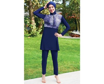 RUKOMAYO LACİVERT PARÇA DESENLİ FERMUARLI LYCRA ( SU İTİCİ VE ÇABUK KURUYAN ) KUMAŞ TESETTÜR MAYO