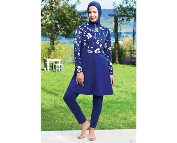 RUKOMAYO LACİVERT DESENLİ FERMUARLI REGLAN KOL LYCRA(SU İTİCİ VE ÇABUK KURUYAN)KUMAŞ TESETTÜR MAYO