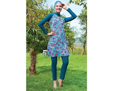 RUKOMAYO PETROL DESENLİ REGLAN KOL LYCRA(SU İTİCİ VE ÇABUK KURUYAN)KUMAŞ TESETTÜR MAYO