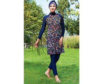 RUKOMAYO LACİVERT DESENLİ REGLAN KOL LYCRA(SU İTİCİ VE ÇABUK KURUYAN)KUMAŞ TESETTÜR MAYO
