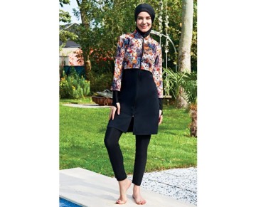 RUKOMAYO SİYAH ELDİVENLİ FERMUARLI LYCRA PARAŞÜT (SU İTİCİ VE ÇABUK KURUYAN)KUMAŞ TESETTÜR MAYO