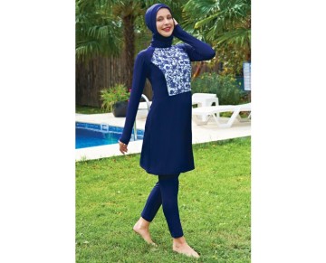 RUKOMAYO BÜYÜKBEDEN LACİVERTDESENLİ FERMUARLI LYCRA(SU İTİCİ VE ÇABUK KURUYAN)KUMAŞ TESETTÜRMAYO