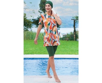 MİRATES YAPRAK DESENLİ YARIM KOL MİCRO(ÇABUK KURUYAN)KUMAŞ YARI TESETTÜR MAYO