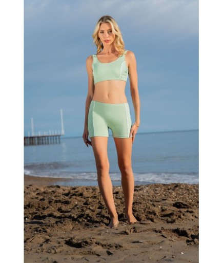 RUKOMAYO YEŞİL RENK BEYAZ BİYELİ ŞORTLU FREESET LYCRA KUMAŞ BİKİNİ