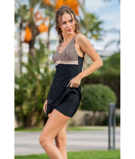 RUKOMAYO SİYAH LEOPAR DESENLİ DÖNMELİ MODEL ŞORTLU LYCRA KUMAŞ ELBİSE MAYO