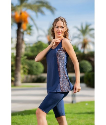 RUKOMAYO  LACİVERT DESENLİ OMUZDAN ASKILI LYCRA KUMAŞ TAYTLI TANKİNİ