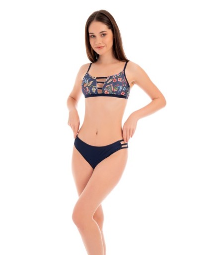 RUKOMAYO LACİVERT ÇİÇEK DESENLİ GÖĞÜS DETAYLI  OMUZDAN AYAR ASKILI FREESET MODEL LYCRA KUMAŞ BİKİNİ