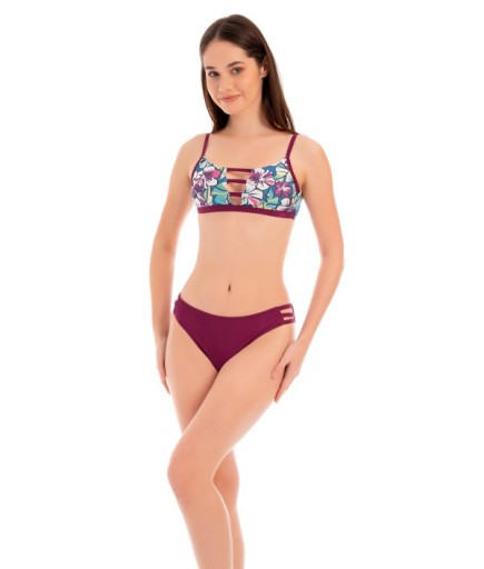 RUKOMAYO BORDO ÇİÇEK DESENLİ GÖĞÜS DETAYLI  OMUZDAN AYAR ASKILI FREESET MODEL LYCRA KUMAŞ BİKİNİ