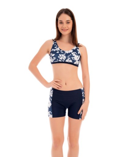 RUKOMAYO LACİVERT ÇİÇEK DESENLİ OMUZDAN ASKILI FREESET MODEL ŞORTLU LYCRA KUMAŞ BİKİNİ