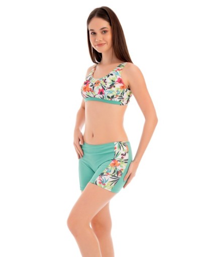 RUKOMAYO YEŞİL ÇİÇEK DESENLİ OMUZDAN ASKILI FREESET MODEL ŞORTLU LYCRA KUMAŞ BİKİNİ