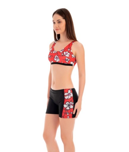 RUKOMAYO SİYAH KIRMIZI ÇİÇEK DESENLİ OMUZDAN ASKILI FREESET MODEL ŞORTLU LYCRA KUMAŞ BİKİNİ