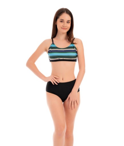 RUKOMAYO SİYAH ÇİZGİ DESENLİ OMUZDAN ASKILI FREESET MODEL YÜKSEK BEL LYCRA KUMAŞ BİKİNİ 