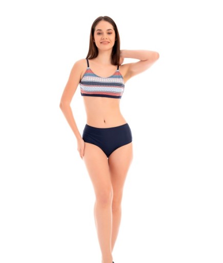 RUKOMAYO LACİVERT ÇİZGİ DESENLİ OMUZDAN ASKILI FREESET MODEL YÜKSEK BEL LYCRA KUMAŞ BİKİNİ 