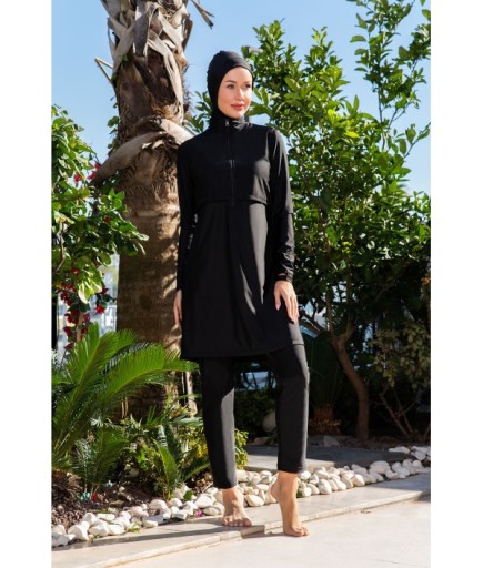 RUKOMAYO SİYAH CROP MODEL LYCRA ( SU İTİCİ VE ÇABUK KURUYAN ) KUMAŞ TESETTÜR MAYO