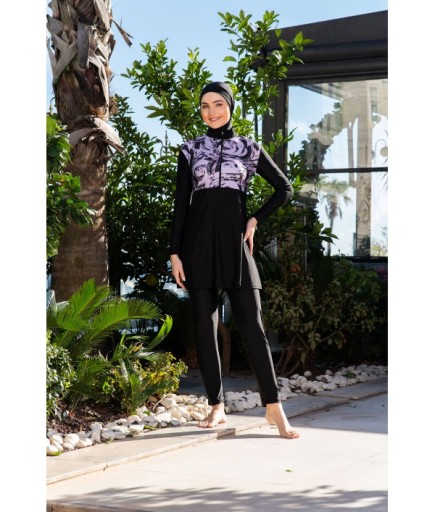 RUKOMAYO SİYAH DESENLİ CROP MODEL LYCRA ( SU İTİCİ VE ÇABUK KURUYAN ) KUMAŞ TESETTÜR MAYO