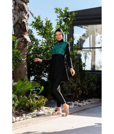 RUKOMAYO SİYAH YEŞİL DESENLİ CROP MODEL LYCRA ( SU İTİCİ VE ÇABUK KURUYAN ) KUMAŞ TESETTÜR MAYO