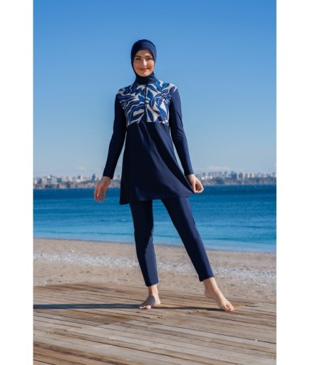 RUKOMAYO LACİVERT DESENLİ CROP MODEL LYCRA ( SU İTİCİ VE ÇABUK KURUYAN ) KUMAŞ TESETTÜR MAYO