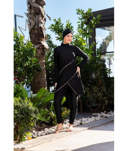 RUKOMAYO SİYAH KATLI MODEL LYCRA ( SU İTİCİ VE ÇABUK KURUYAN ) KUMAŞ TESETTÜR MAYO