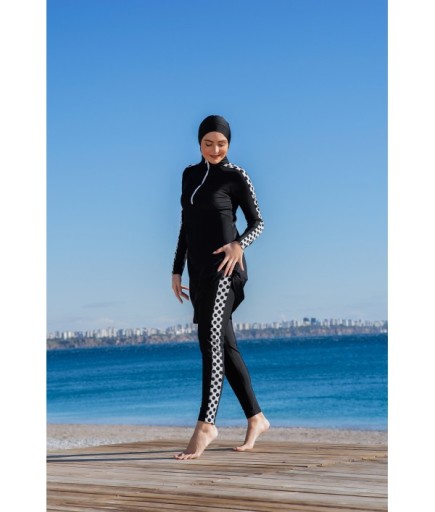 RUKOMAYO SİYAH DESENLİ  FERMUAR DETAYLI LYCRA ( SU İTİCİ VE ÇABUK KURUYAN ) KUMAŞ TESETTÜR MAYO