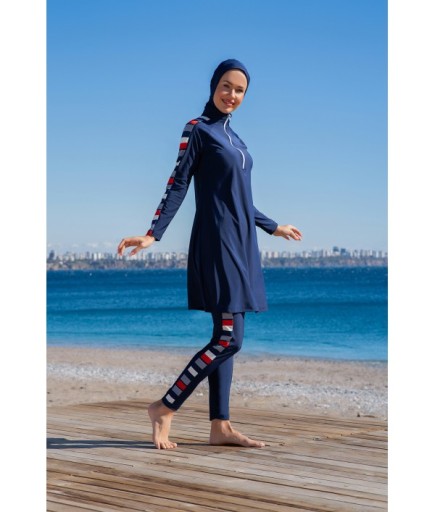 RUKOMAYO LACİVERT DESENLİ  FERMUAR DETAYLI LYCRA ( SU İTİCİ VE ÇABUK KURUYAN ) KUMAŞ TESETTÜR MAYO