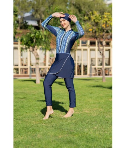 RUKOMAYO LACİVERT DESENLİ 3'LÜ TAKIM YÜZÜCÜ MODEL  LYCRA ( SU İTİCİ VE ÇABUK KURUYAN ) KUMAŞ TESETTÜR MAYO