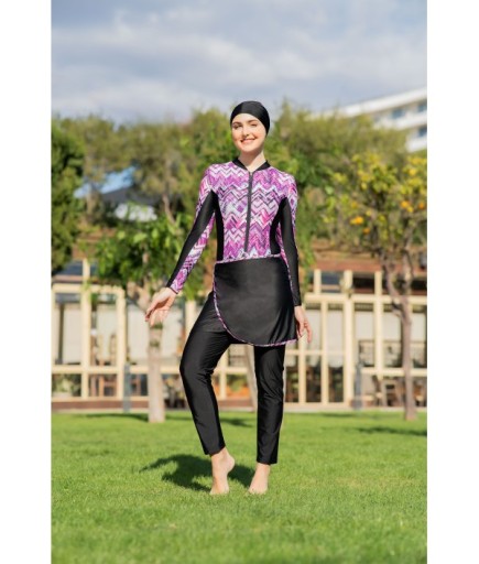 RUKOMAYO SİYAH DESENLİ 3'LÜ TAKIM YÜZÜCÜ MODEL  LYCRA ( SU İTİCİ VE ÇABUK KURUYAN ) KUMAŞ TESETTÜR MAYO