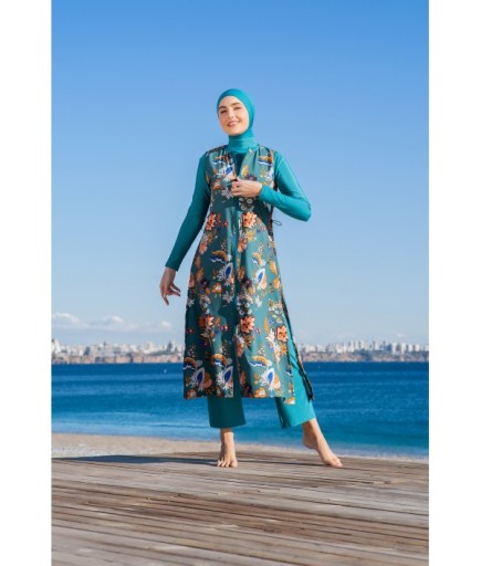 RUKOMAYO YEŞİL DESENLİ YELEKLİ 3'LÜ TAKIM  LYCRA PARAŞÜT ( SU İTİCİ VE ÇABUK KURUYAN ) KUMAŞ TESETTÜR MAYO