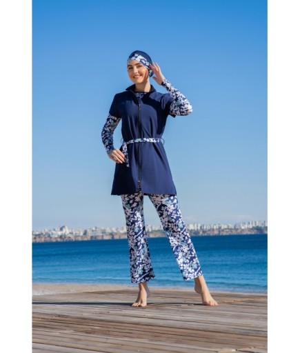 RUKOMAYO LACİVERT DESENLİ YARIM KOL YELEKLİ MODEL 3'LÜ TAKIM  LYCRA PARAŞÜT ( SU İTİCİ VE ÇABUK KURUYAN ) KUMAŞ TESETTÜR MAYO