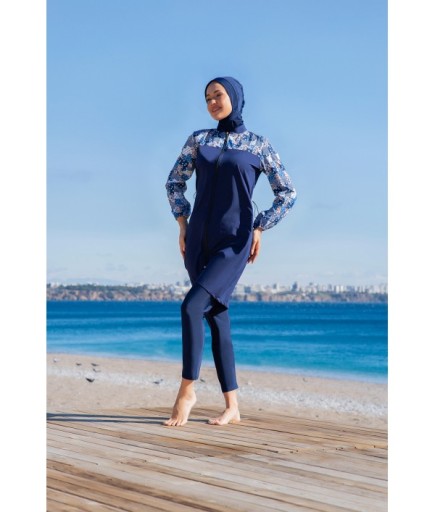 RUKOMAYO LACİVERT DESENLİ ROBALI  LYCRA PARAŞÜT ( SU İTİCİ VE ÇABUK KURUYAN ) KUMAŞ TESETTÜR MAYO