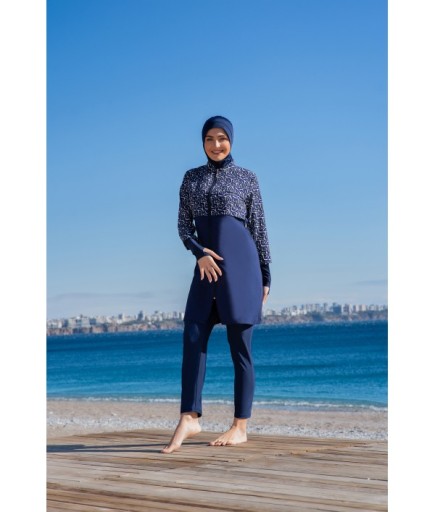 RUKOMAYO LACVİERT DESENLİ CROP MODEL ELDİVENLİ LYCRA PARAŞÜT ( SU İTİCİ VE ÇABUK KURUYAN ) KUMAŞ TESETTÜR MAYO