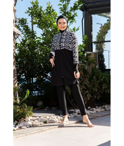 RUKOMAYO SİYAH BEYAZ DESENLİ CROP MODEL ELDİVENLİ LYCRA PARAŞÜT ( SU İTİCİ VE ÇABUK KURUYAN ) KUMAŞ TESETTÜR MAYO