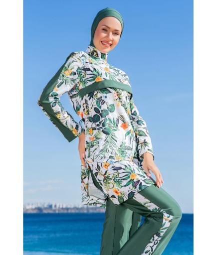 RUKOMAYO YEŞİL DESENLİ ARKADAN GİZLİ FERMUARLI LYCRA PARAŞÜT ( SU İTİCİ VE ÇABUK KURUYAN ) KUMAŞ TESETTÜR MAYO