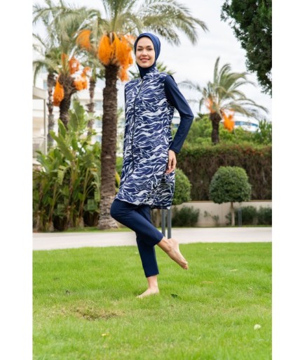 RUKOMAYO LACİVERT DALGA  DESENLİ BALIKÇI YAKA FERMUARLI LYCRA PARAŞÜT ( SU İTİCİ VE ÇABUK KURUYAN ) KUMAŞ TESETTÜR MAYO