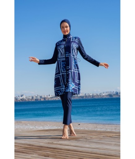 RUKOMAYO LACİVERT GEOMETRİK  DESENLİ BALIKÇI YAKA FERMUARLI LYCRA PARAŞÜT ( SU İTİCİ VE ÇABUK KURUYAN ) KUMAŞ TESETTÜR MAYO