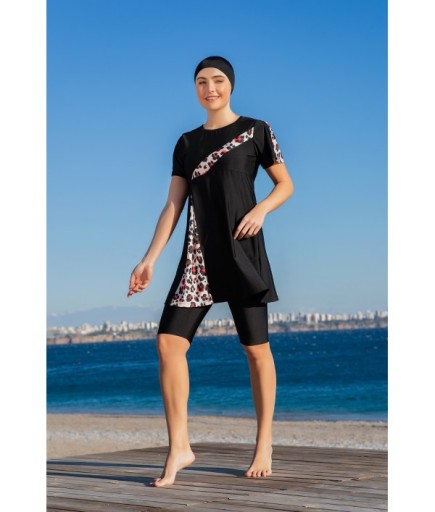 RUKOMAYO SİYAH DESENLİ YIRTMAÇ MODELLİ YARIM KOL LYCRA ( SU İTİCİ VE ÇABUK KURUYAN ) KUMAŞ TESETTÜR MAYO