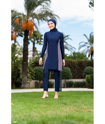 RUKOMAYO LACİVERT CUPLU YARIM FERMUARLI BÜYÜK BEDEN LYCRA ( SU İTİCİ VE ÇABUK KURUYAN ) KUMAŞ TESETTÜR MAYO
