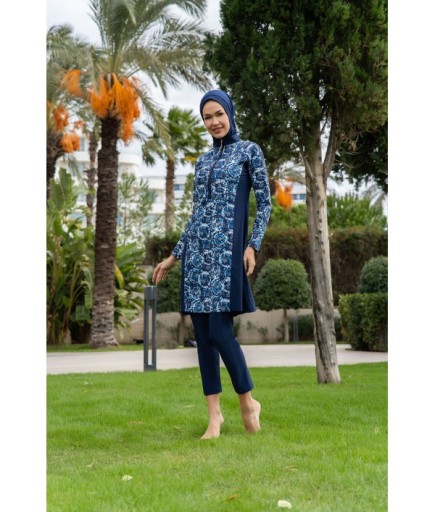 RUKOMAYO LACİVERT DESENLİ YARIM FERMUARLI BÜYÜK BEDEN LYCRA ( SU İTİCİ VE ÇABUK KURUYAN ) KUMAŞ TESETTÜR MAYO
