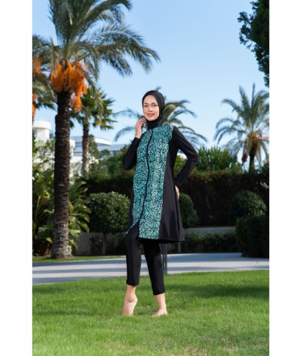 RUKOMAYO SİYAH YEŞİL DESENLİ PARÇALI MODEL BÜYÜK BEDEN LYCRA PARAŞÜT ( SU İTİCİ VE ÇABUK KURUYAN ) KUMAŞ TESETTÜR MAYO