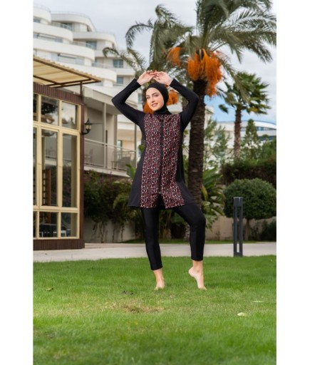 RUKOMAYO SİYAH DESENLİ PARÇALI MODEL BÜYÜK BEDEN LYCRA PARAŞÜT ( SU İTİCİ VE ÇABUK KURUYAN ) KUMAŞ TESETTÜR MAYO